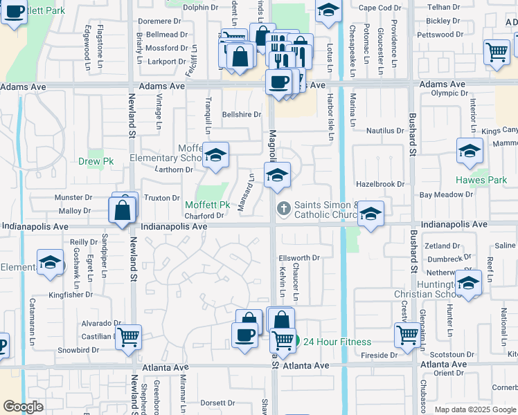 map of restaurants, bars, coffee shops, grocery stores, and more near 20392 Densmore Lane in Huntington Beach