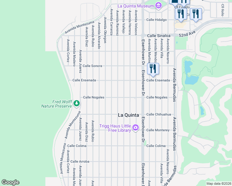 map of restaurants, bars, coffee shops, grocery stores, and more near 52685 Avenue Ramirez in La Quinta