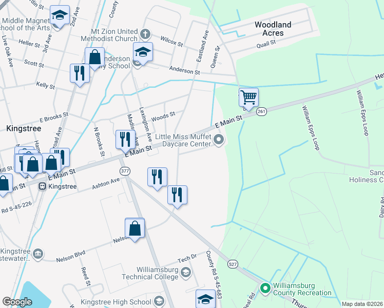 map of restaurants, bars, coffee shops, grocery stores, and more near 912 County Road S-45-765 in Kingstree