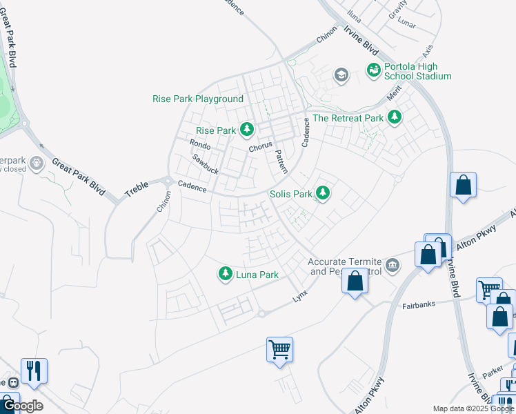 map of restaurants, bars, coffee shops, grocery stores, and more near 363 Proctor in Irvine