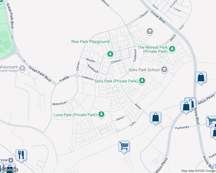 map of restaurants, bars, coffee shops, grocery stores, and more near 112 Junco in Irvine