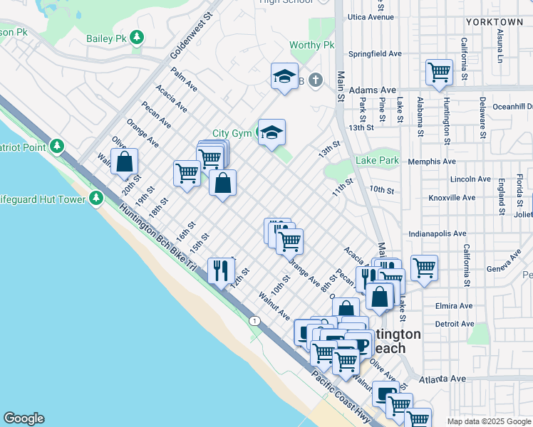 map of restaurants, bars, coffee shops, grocery stores, and more near 422 14th Street in Huntington Beach
