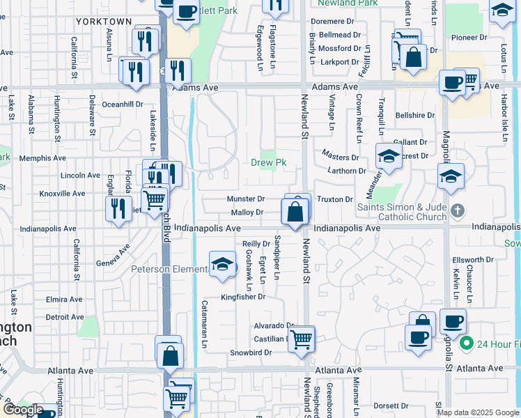 map of restaurants, bars, coffee shops, grocery stores, and more near 8321 Malloy Drive in Huntington Beach
