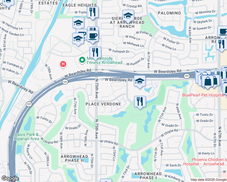 map of restaurants, bars, coffee shops, grocery stores, and more near 7400 West Arrowhead Clubhouse Drive in Glendale