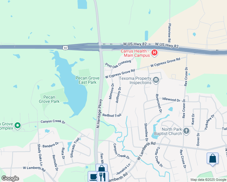 map of restaurants, bars, coffee shops, grocery stores, and more near 3101 Mimosa Drive in Sherman