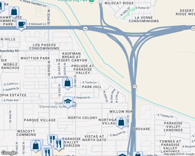 map of restaurants, bars, coffee shops, grocery stores, and more near 19653 North 37th Way in Phoenix
