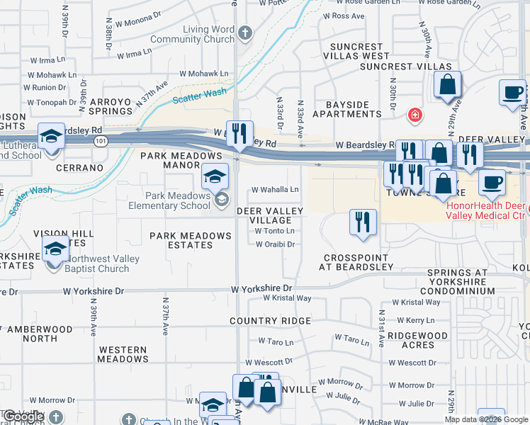 map of restaurants, bars, coffee shops, grocery stores, and more near 3338 West Behrend Drive in Phoenix