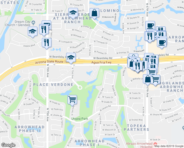 map of restaurants, bars, coffee shops, grocery stores, and more near 7101 West Beardsley Road in Glendale
