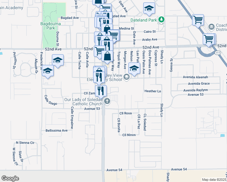 map of restaurants, bars, coffee shops, grocery stores, and more near 52664 Harrison Street in Coachella