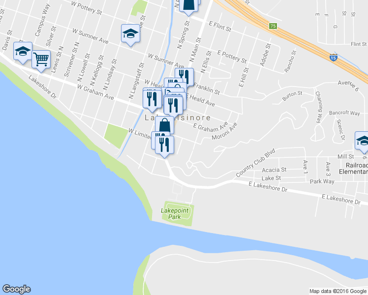map of restaurants, bars, coffee shops, grocery stores, and more near 176 Olive Street in Lake Elsinore