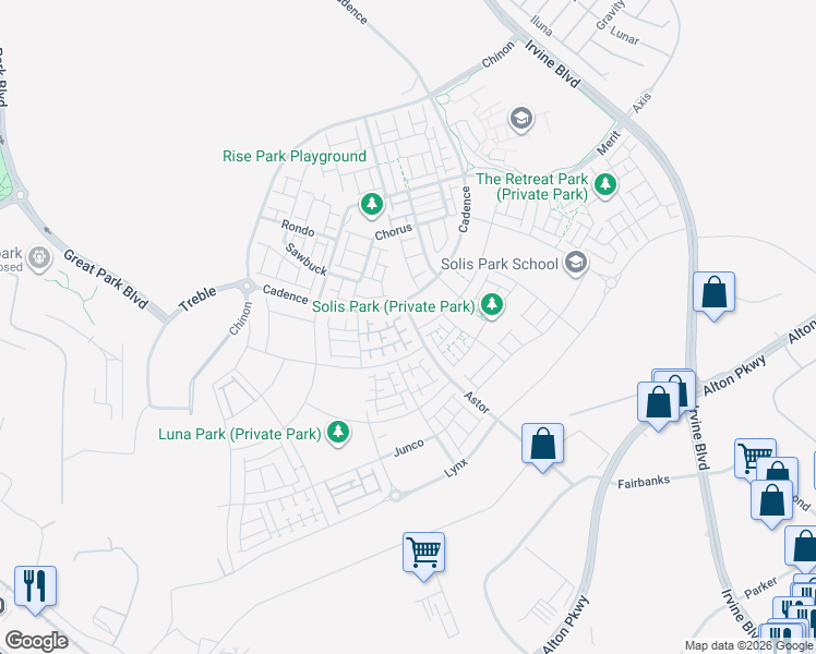 map of restaurants, bars, coffee shops, grocery stores, and more near North 2nd Street in Irvine