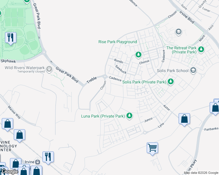 map of restaurants, bars, coffee shops, grocery stores, and more near Z Street in Irvine