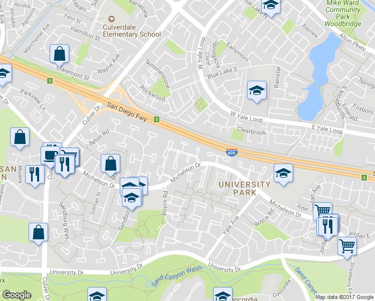 map of restaurants, bars, coffee shops, grocery stores, and more near 4451 Pinyon Tree Lane in Irvine