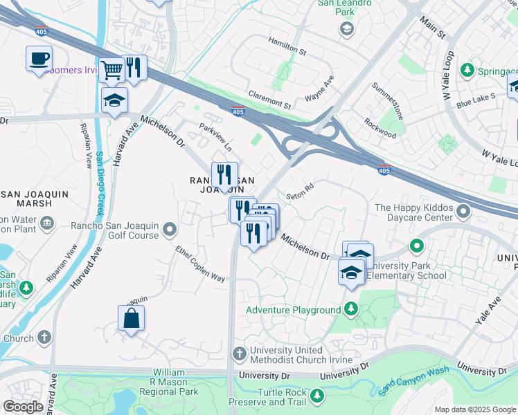 map of restaurants, bars, coffee shops, grocery stores, and more near 3900 Parkview Lane in Irvine