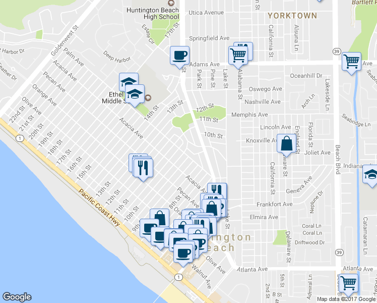 map of restaurants, bars, coffee shops, grocery stores, and more near 315 Crest Avenue in Huntington Beach