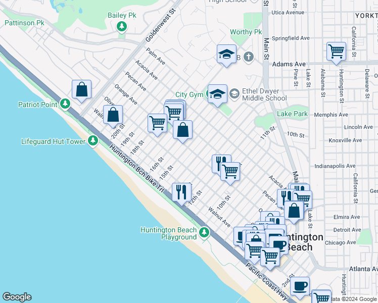 map of restaurants, bars, coffee shops, grocery stores, and more near 1414 Orange Avenue in Huntington Beach