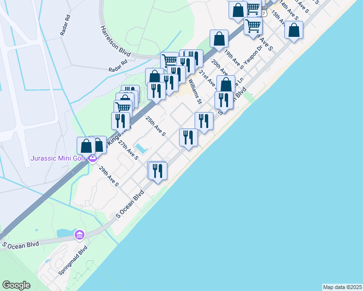 map of restaurants, bars, coffee shops, grocery stores, and more near 2405 South Ocean Boulevard in Myrtle Beach