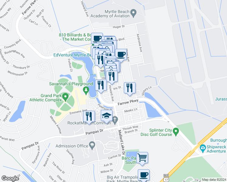 map of restaurants, bars, coffee shops, grocery stores, and more near 2798 Howard Avenue in Myrtle Beach