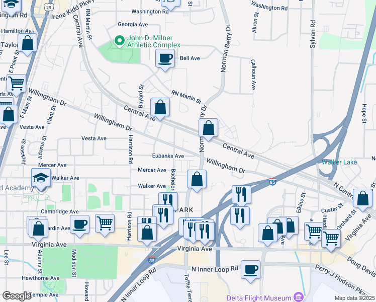 map of restaurants, bars, coffee shops, grocery stores, and more near 1101 Willingham Drive in East Point