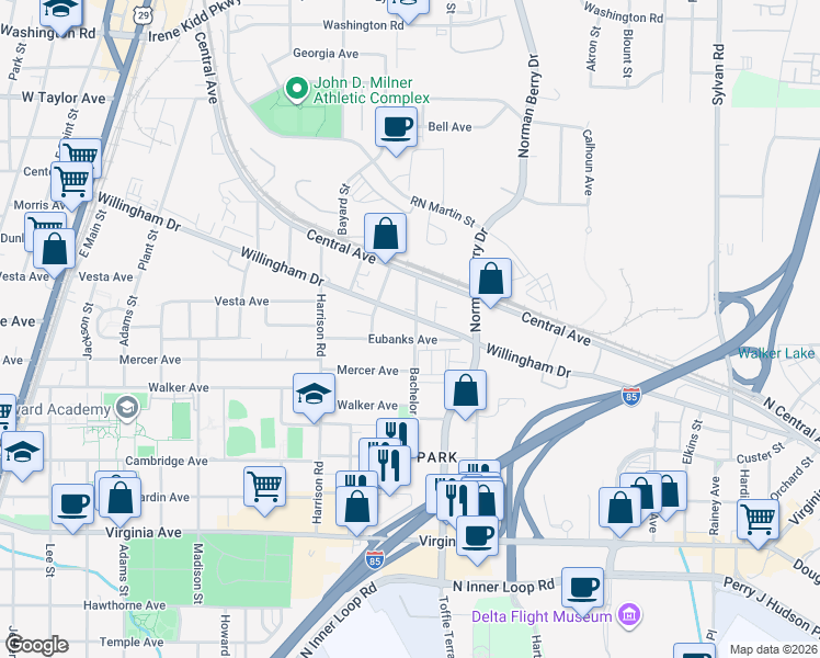 map of restaurants, bars, coffee shops, grocery stores, and more near 1279 Eubanks Avenue in East Point