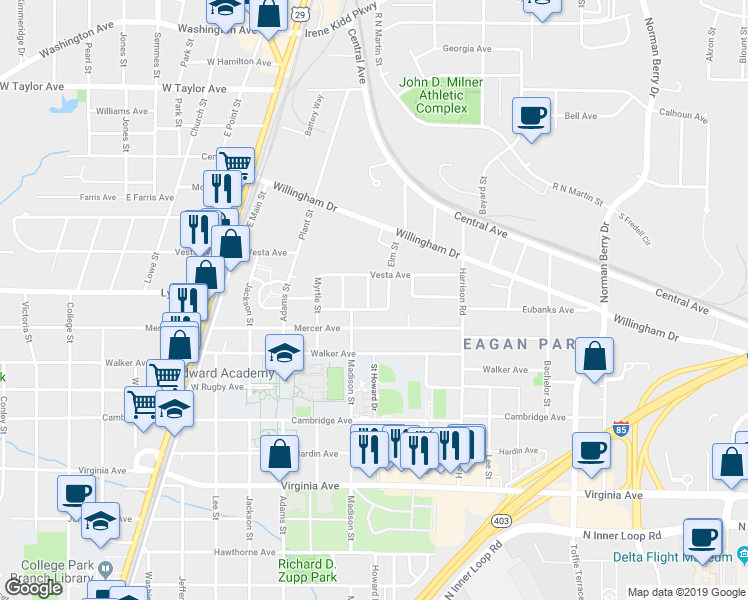 map of restaurants, bars, coffee shops, grocery stores, and more near 3288 Dogwood Street in Atlanta