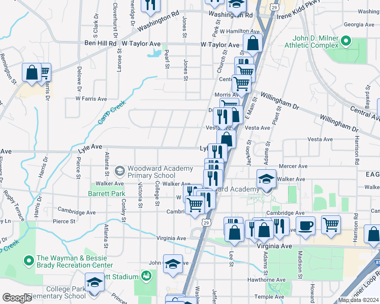 map of restaurants, bars, coffee shops, grocery stores, and more near 1820 Lyle Avenue in College Park