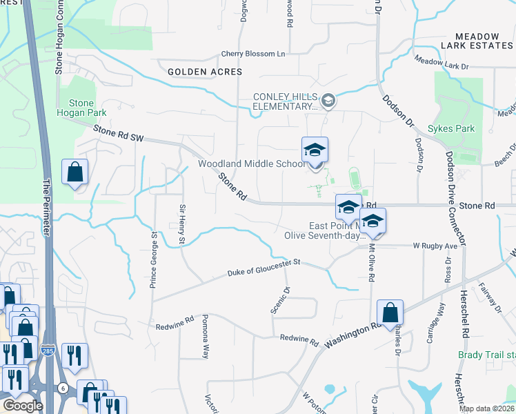 map of restaurants, bars, coffee shops, grocery stores, and more near 2946 Stone Road in East Point