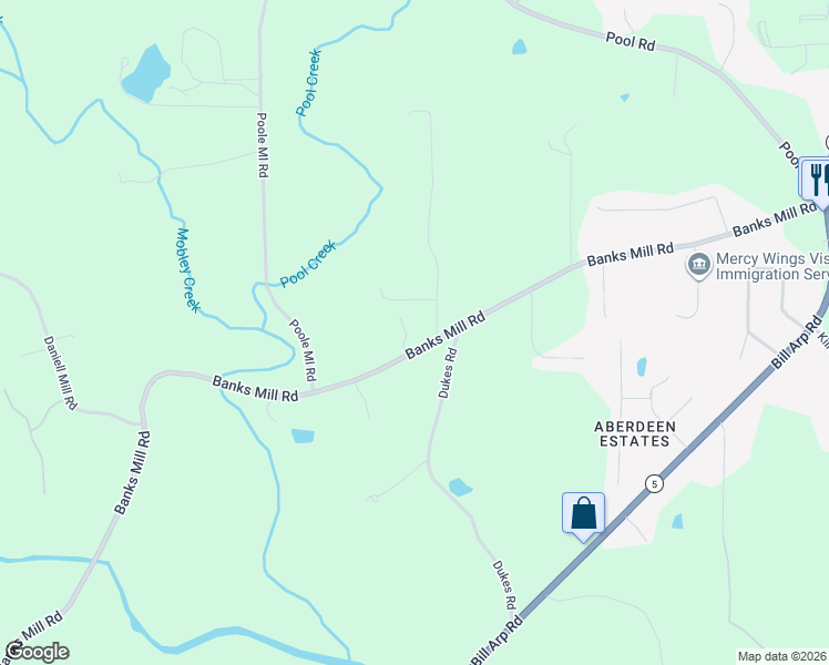 map of restaurants, bars, coffee shops, grocery stores, and more near 7522 Banks Mill Road in Douglasville