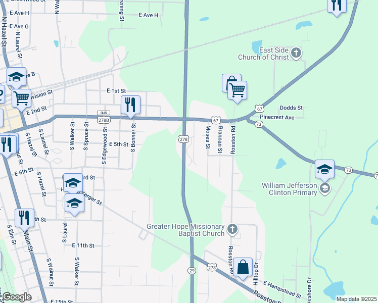 map of restaurants, bars, coffee shops, grocery stores, and more near Bill Clinton Drive in Hope