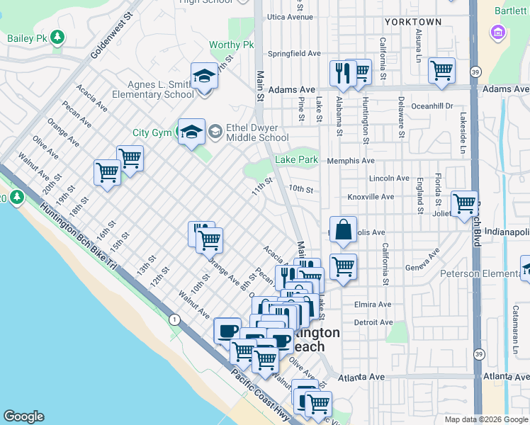map of restaurants, bars, coffee shops, grocery stores, and more near 922 Palm Avenue in Huntington Beach