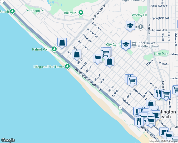 map of restaurants, bars, coffee shops, grocery stores, and more near 120 18th Street in Huntington Beach