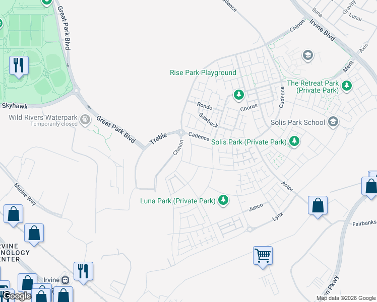 map of restaurants, bars, coffee shops, grocery stores, and more near Z Street in Irvine