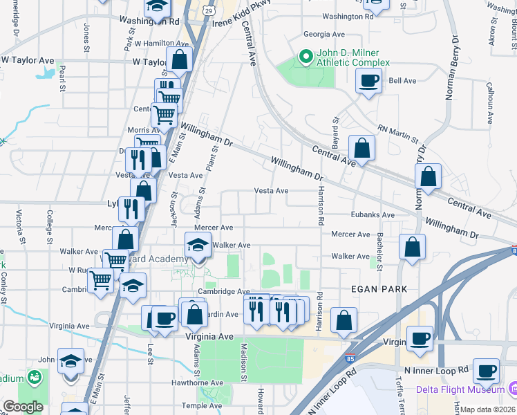 map of restaurants, bars, coffee shops, grocery stores, and more near 3288 Dogwood Street in Atlanta