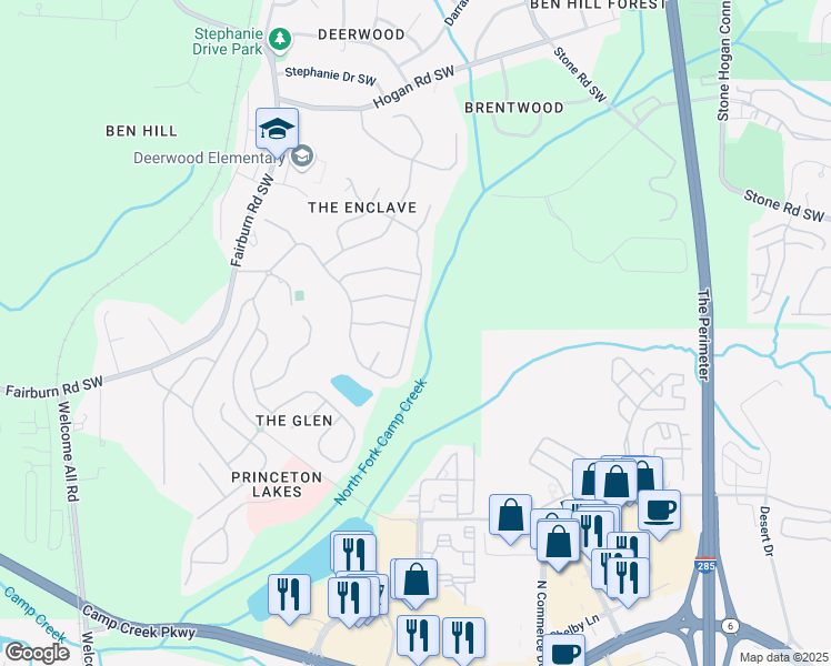 map of restaurants, bars, coffee shops, grocery stores, and more near 3120 Abbey Drive in Atlanta