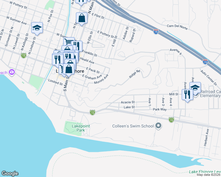 map of restaurants, bars, coffee shops, grocery stores, and more near in Lake Elsinore