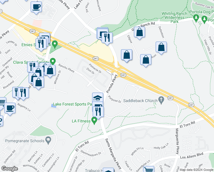 map of restaurants, bars, coffee shops, grocery stores, and more near 115 Mesa Verde Lane in Lake Forest