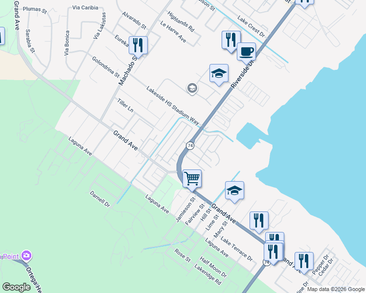 map of restaurants, bars, coffee shops, grocery stores, and more near 32950 Pacifica Place in Lake Elsinore