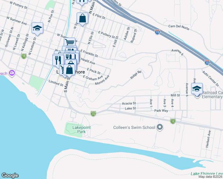map of restaurants, bars, coffee shops, grocery stores, and more near Ridge Road in Lake Elsinore