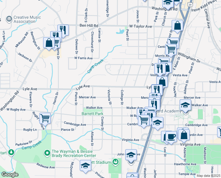 map of restaurants, bars, coffee shops, grocery stores, and more near 1954 Lyle Avenue in College Park