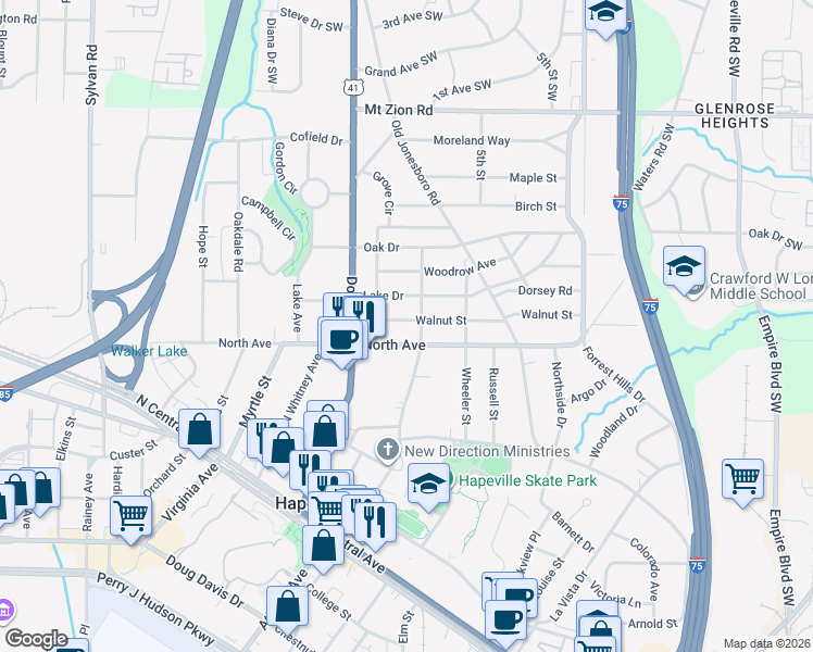 map of restaurants, bars, coffee shops, grocery stores, and more near 534 Walnut Street in Hapeville