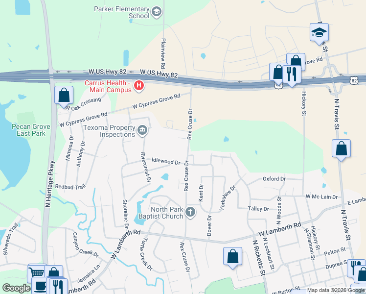 map of restaurants, bars, coffee shops, grocery stores, and more near 3114 Rex Cruse Drive in Sherman
