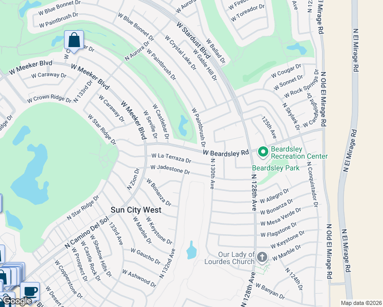 map of restaurants, bars, coffee shops, grocery stores, and more near 13027 W Beardsley Rd in Sun City West