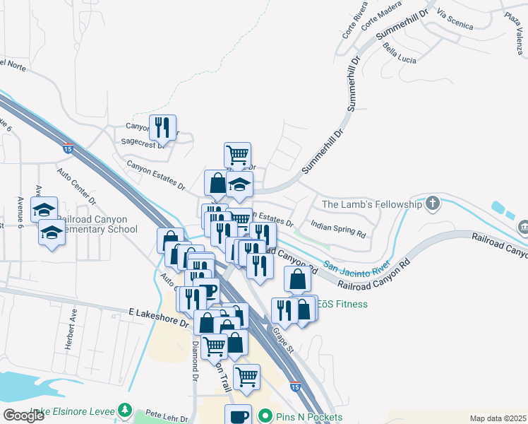 map of restaurants, bars, coffee shops, grocery stores, and more near 31648 Canyon Estates Drive in Lake Elsinore