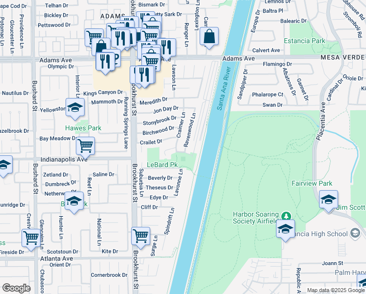map of restaurants, bars, coffee shops, grocery stores, and more near 20431 Ravenwood Ln in Huntington Beach
