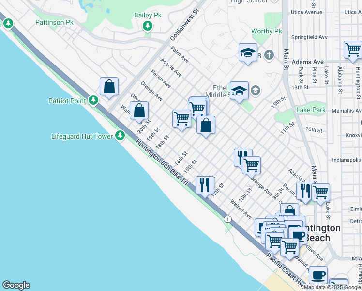 map of restaurants, bars, coffee shops, grocery stores, and more near 218 17th Street in Huntington Beach
