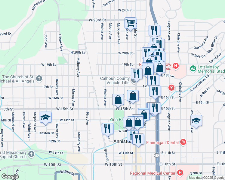 map of restaurants, bars, coffee shops, grocery stores, and more near 1624 Moore Avenue in Anniston