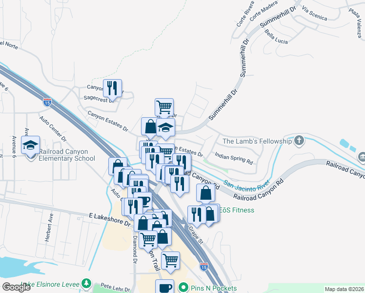map of restaurants, bars, coffee shops, grocery stores, and more near 31648 Canyon Estates Drive in Lake Elsinore