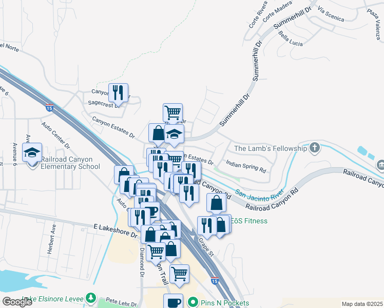 map of restaurants, bars, coffee shops, grocery stores, and more near 31648 Canyon Estates Drive in Lake Elsinore