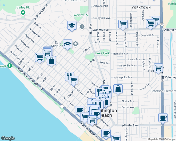 map of restaurants, bars, coffee shops, grocery stores, and more near 1005 Palm Avenue in Huntington Beach