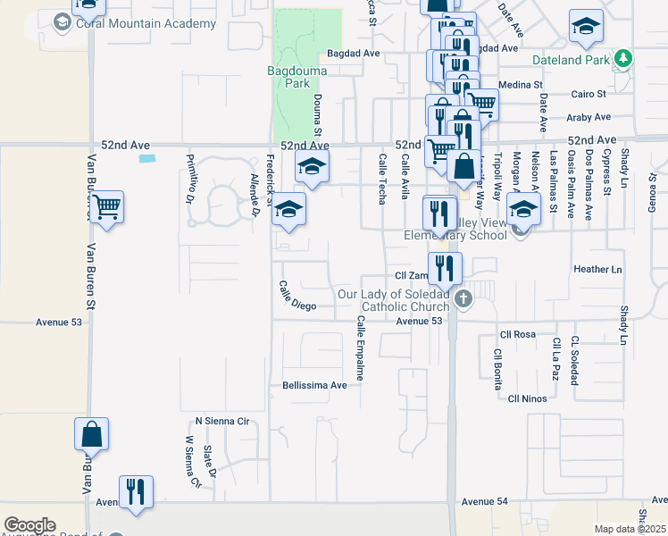 map of restaurants, bars, coffee shops, grocery stores, and more near 52852 Calle Leandro in Coachella